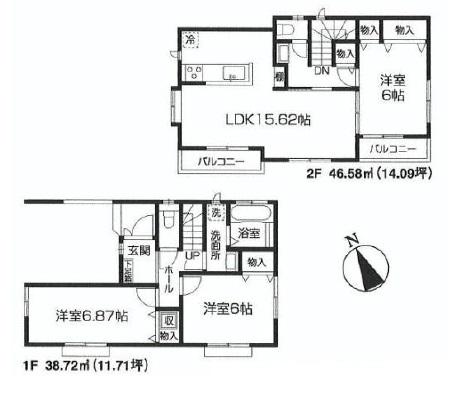 Floor plan. (Building 2), Price 47,500,000 yen, 3LDK, Land area 88.55 sq m , Building area 85.3 sq m