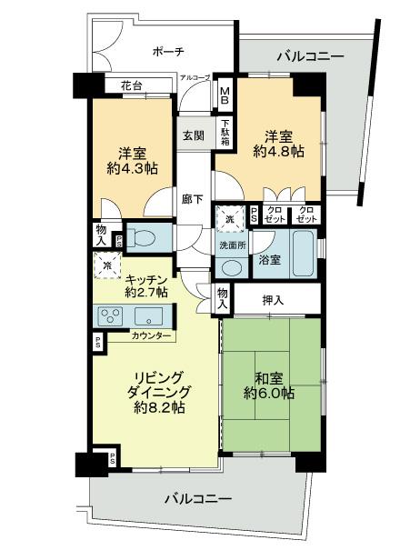 Floor plan. 3LDK, Price 29,800,000 yen, Occupied area 57.93 sq m , Balcony area 17.57 sq m