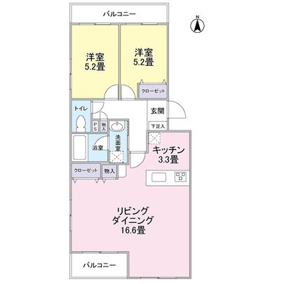 Floor plan. 2LD ・ It is a K type of floor plan type. South ・ 2 side balcony of the north, Southwest angle