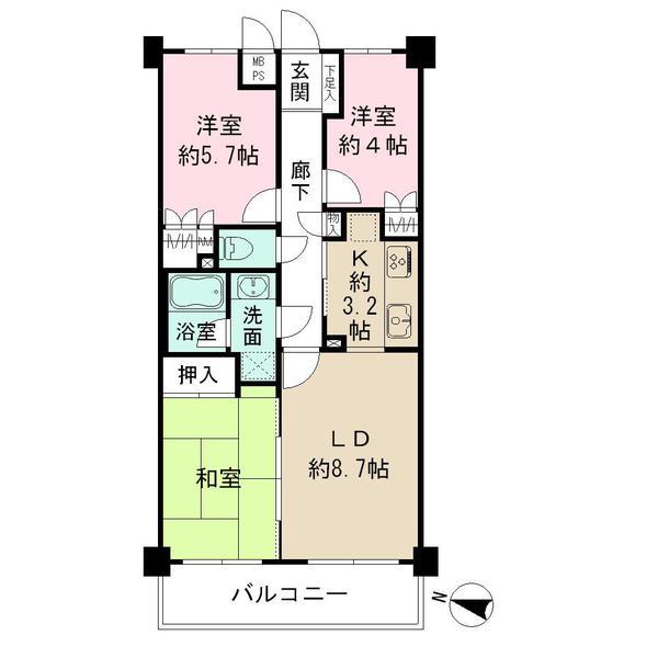 Floor plan. 3LDK, Price 27,800,000 yen, Footprint 63.8 sq m , Balcony area 8.12 sq m