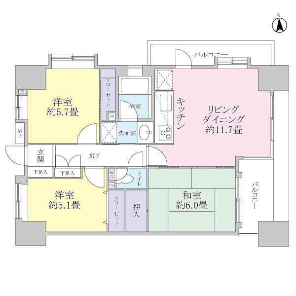 Floor plan. 3LDK, Price 39,800,000 yen, Occupied area 62.64 sq m , Between the balcony area 9.7 sq m floor plan