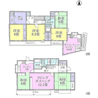 Floor plan. 2 is a family house can be accommodated detached!  bathroom ・ Wash each two places, Toilet three places throne