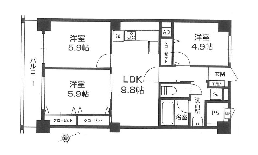 Floor plan. 3DK, Price 25,800,000 yen, Footprint 66.5 sq m , Balcony area 7.56 sq m
