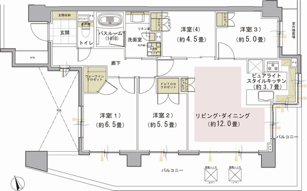↑ Click to figure taken between large You can see ↑ east ・ South ・ 3 face lighting of the west. Bright wide corner dwelling unit 4LDK plan (M type ・ 4LDK + walk-in closet ・ Occupied area / 84.12 sq m  ・ Balcony area / 25.50 sq m )