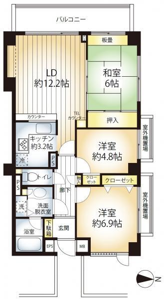 Floor plan. 3LDK, Price 30,900,000 yen, Occupied area 74.87 sq m , Balcony area 9.08 sq m