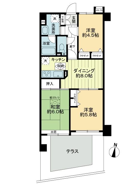 Floor plan. 3DK, Price 21.9 million yen, Footprint 55.4 sq m , Balcony area 8.43 sq m