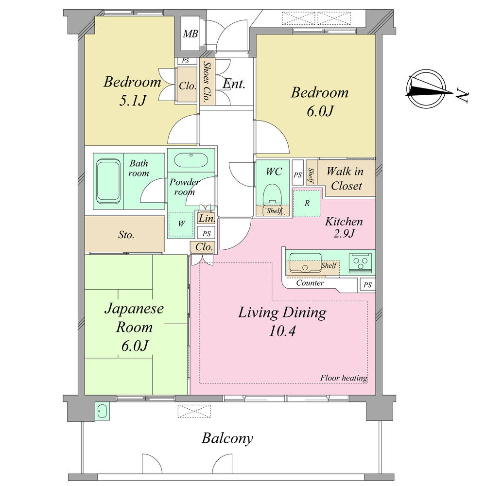 Floor plan. 3LDK, Price 34,800,000 yen, Occupied area 68.19 sq m , Balcony area 14.8 sq m ・ Living floor heating ・ It is the room very clean your.