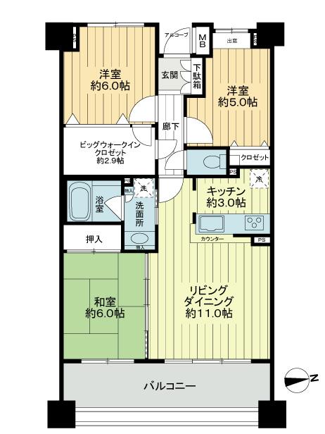 Floor plan. 3LDK, Price 32,800,000 yen, Occupied area 70.02 sq m , Balcony area 13.4 sq m