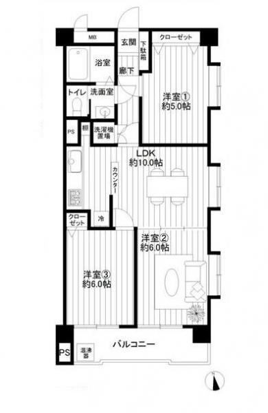 Floor plan. 3LDK, Price 23.5 million yen, Occupied area 59.12 sq m , Balcony area 7.03 sq m southeast angle room. Bright