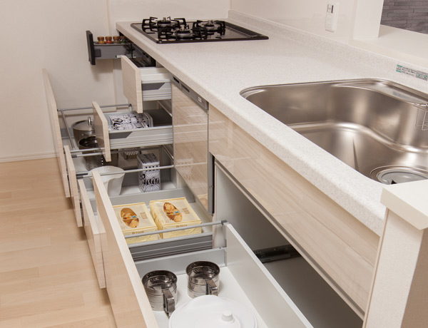 Kitchen.  [Slide storage] Easy to put away, Easy access, Functional slide storage. Large cooking utensils such as pot and pans also fits efficiently.