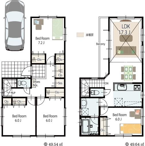 Floor plan. Living 20.5 tatami. By placing all of the room in 1F, 2F is a space of sharing the family gather.