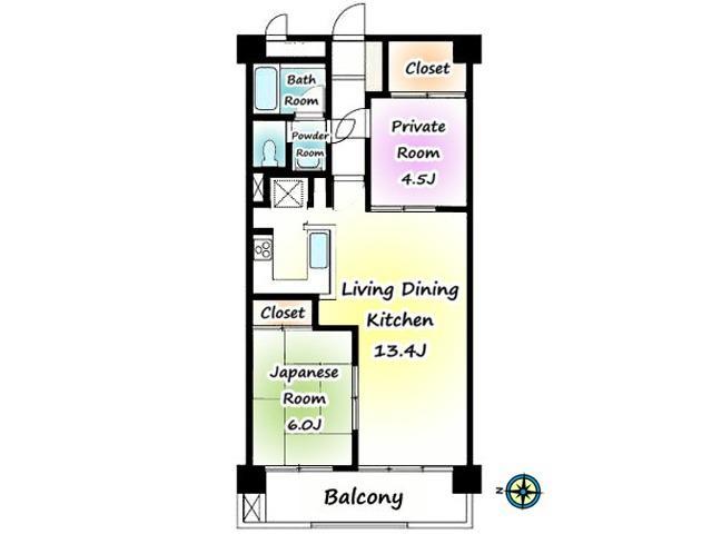 Floor plan. 2LDK, Price 15.8 million yen, Occupied area 59.12 sq m , Balcony area 6.61 sq m Shakujii Park Himiko Mansion Mato