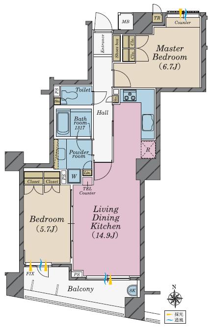 Floor plan. 2LDK, Price 34,800,000 yen, Occupied area 64.75 sq m , Balcony is the area 9.21 sq m north of 6.7 Pledge of likely bedroom gives a relaxed sleep.