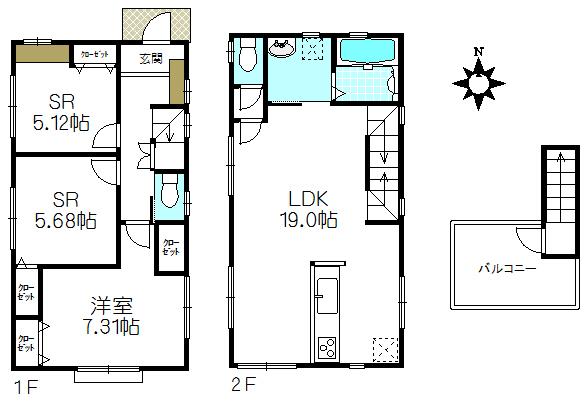 Floor plan. (Building 2), Price 51,900,000 yen, 1LDK+2S, Land area 86.36 sq m , Building area 87.87 sq m