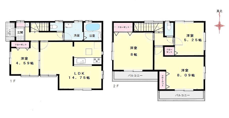Floor plan. (1 Building), Price 47,800,000 yen, 4LDK, Land area 90.89 sq m , Building area 92.73 sq m
