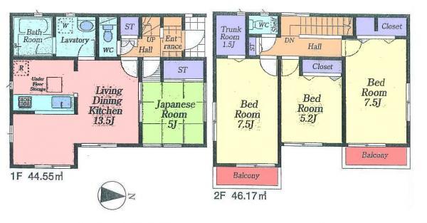 Floor plan. 45 million yen, 4LDK, Land area 94.49 sq m , Building area 90.72 sq m