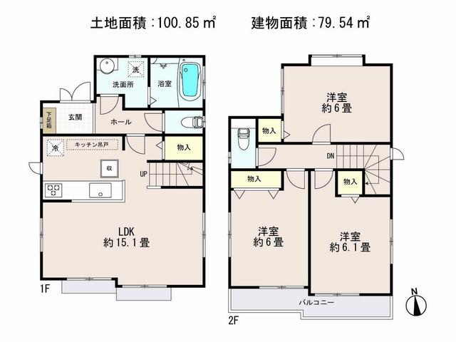 Floor plan. (Building 2), Price 36,800,000 yen, 3LDK, Land area 100.85 sq m , Building area 79.54 sq m