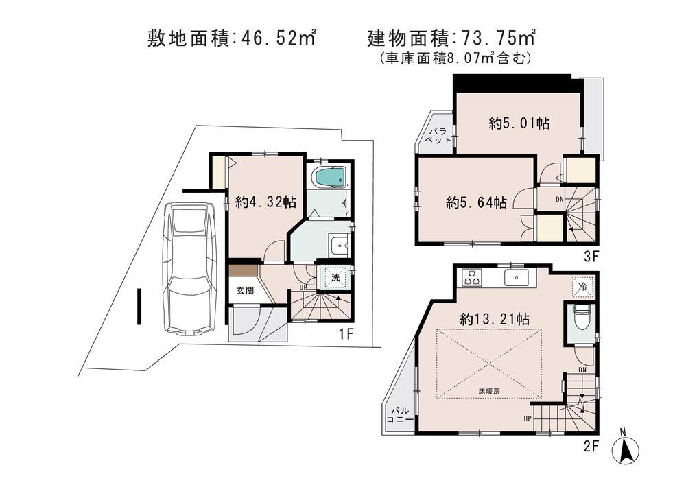 Floor plan. Good new homes of per sun facing south road in a calm residential area! 3LDK the indoor facilities are substantial. Please judge I received by all means check the local! Land area 46.52m2, Building area 73.75m2