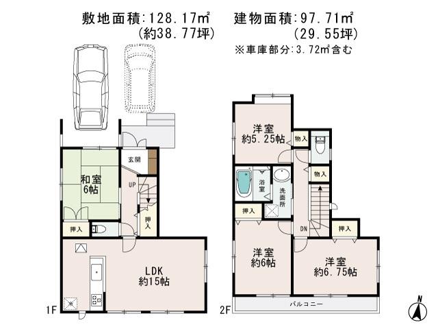 Floor plan. 54,800,000 yen, 4LDK, Land area 128.17 sq m , It is a building area of ​​97.71 sq m Japanese-style room 4LDK. Car space 2 cars corresponding Allowed.