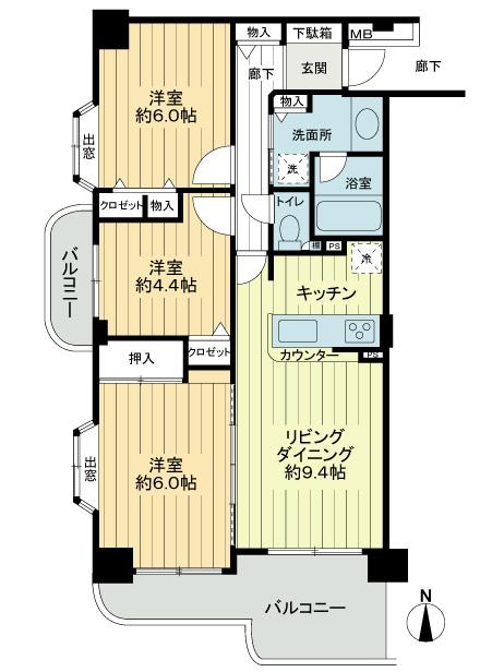 Floor plan. 3LDK, Price 31,900,000 yen, Occupied area 65.01 sq m , Balcony area 12.74 sq m