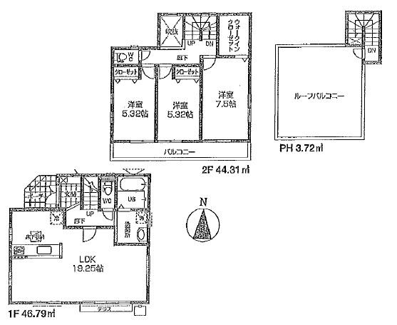 Floor plan. (Building 2), Price 55,800,000 yen, 3LDK, Land area 80.21 sq m , Building area 94.82 sq m