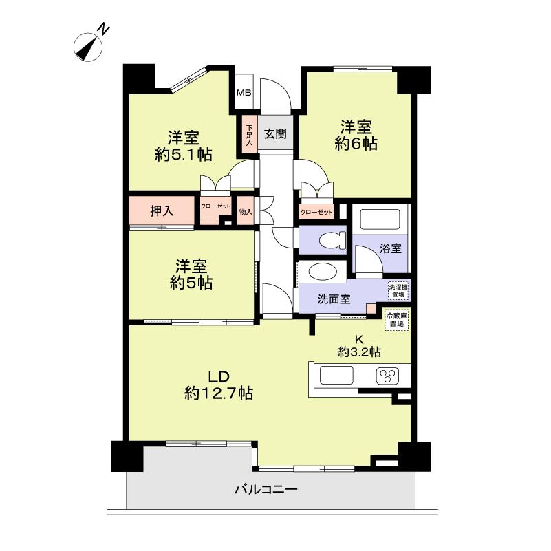 Floor plan. 3LDK, Price 42,800,000 yen, Occupied area 69.52 sq m , Balcony area 10.7 sq m