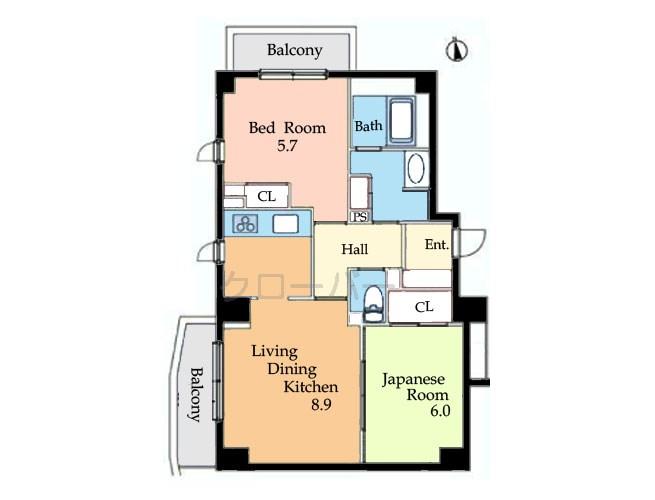 Floor plan. 2LDK, Price 27,800,000 yen, Occupied area 55.24 sq m , Balcony area 6.88 sq m