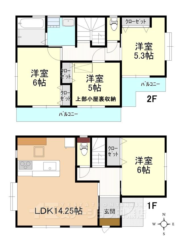 Floor plan. 44,800,000 yen, 4LDK, Land area 110.2 sq m , It is a building area of ​​87.4 sq m easy-to-use 4LDK. Balcony does not have that trouble to dry location also widely laundry.