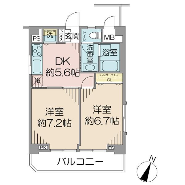 Floor plan. 2DK, Price 24,800,000 yen, Occupied area 42.74 sq m , Balcony area 7.33 sq m