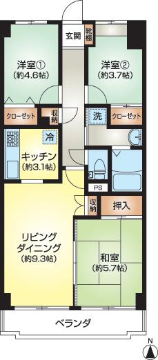 Floor plan. 3LDK, Price 33,800,000 yen, Occupied area 62.04 sq m , Balcony area 6.56 sq m