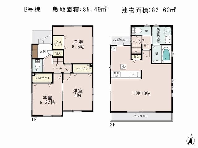 Floor plan. (B Building), Price 49,800,000 yen, 3LDK, Land area 85.49 sq m , Building area 82.62 sq m