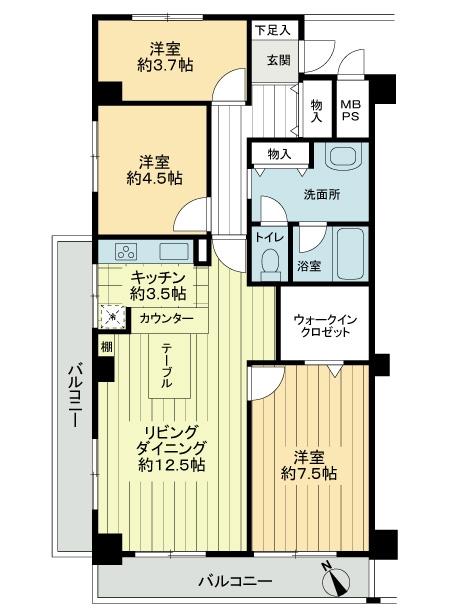 Floor plan. 3LDK, Price 26,800,000 yen, Occupied area 75.35 sq m , Balcony area 12.96 sq m