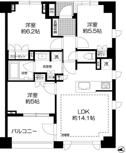 Floor plan. 3LDK, Price 39,800,000 yen, Occupied area 65.09 sq m , Balcony area 6.7 sq m