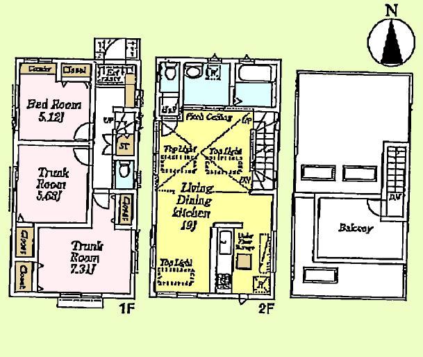 Floor plan. (Building 2), Price 51,900,000 yen, 1LDK+2S, Land area 86.36 sq m , Building area 87.87 sq m