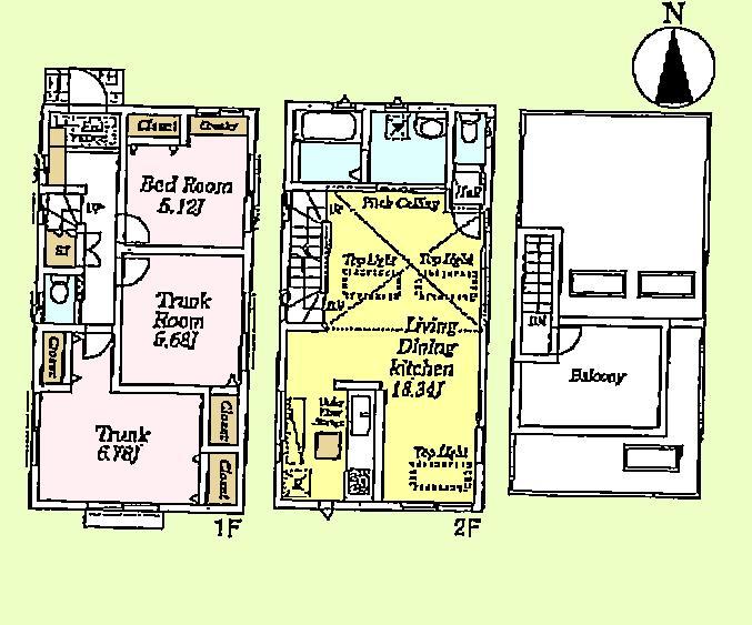 Floor plan. (3 Building), Price 51,900,000 yen, 1LDK+2S, Land area 85.68 sq m , Building area 85.75 sq m