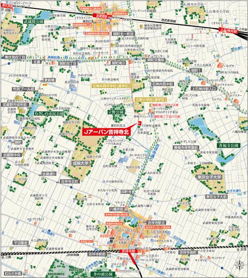 Local guide map. "Kichijoji" station and "Musashi institutions" 2 station 5 routes accessible station. Meet the sensibility, Great location can enjoy the space "Kichijoji" of refined beauty. 14 minutes to "Shinjuku" station, "Tokyo" commuting access nimble to 28 minutes and the city center to the station ・ Convenient to go to school (local guide map ・ Wide area)