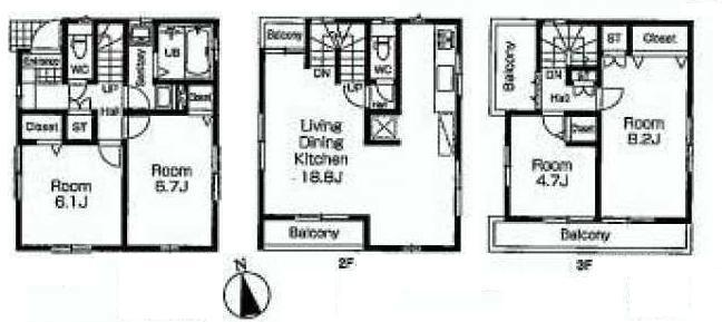 Floor plan. (Building 2), Price 46,800,000 yen, 4LDK, Land area 75.01 sq m , Building area 105.15 sq m