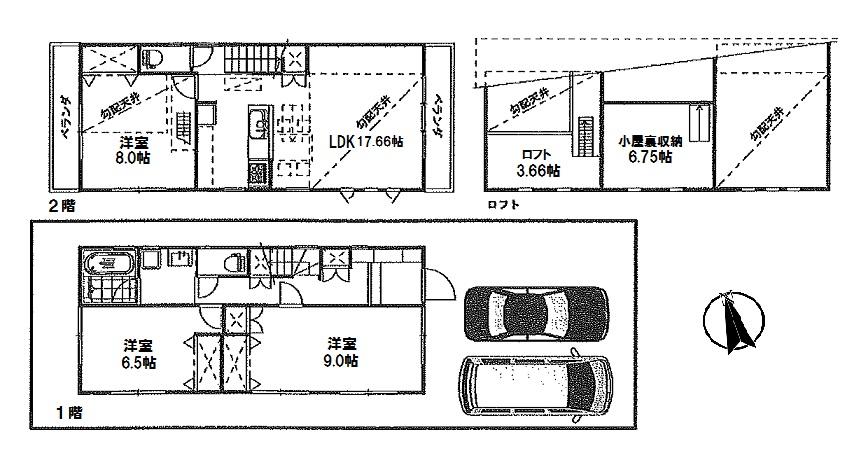 Floor plan. 59,800,000 yen, 3LDK, Land area 119.97 sq m , Per loft and attic housed in a building area of 95.8 sq m easy-to-use 3LDK, Storage capacity is much higher. Parking two possible.