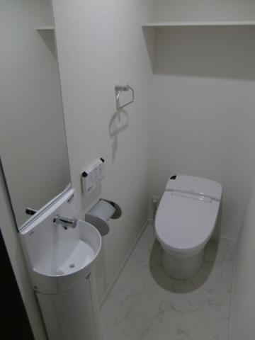 Toilet. The second floor living beside the toilet. It is senior specification stick tankless and hand washing and grooming mirror. 