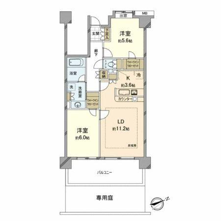 Floor plan. 2LDK, Price 28 million yen, Occupied area 59.27 sq m , Balcony area 6.05 sq m