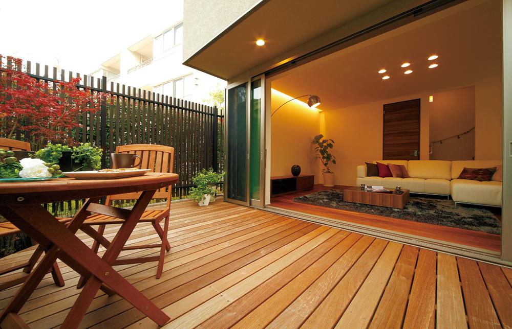 Model house photo. Wood deck