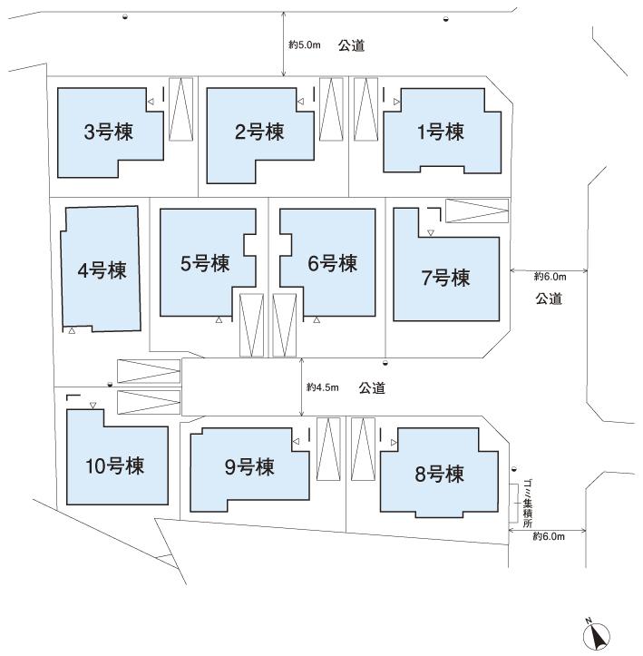 The entire compartment Figure. Draw a unified high-quality streetscape, South all 10 House of terraced. The basic spread some space configuration, By connecting with the next to the building of the car port, Create an open space with a number of Sunny in the city wards. (Site layout)