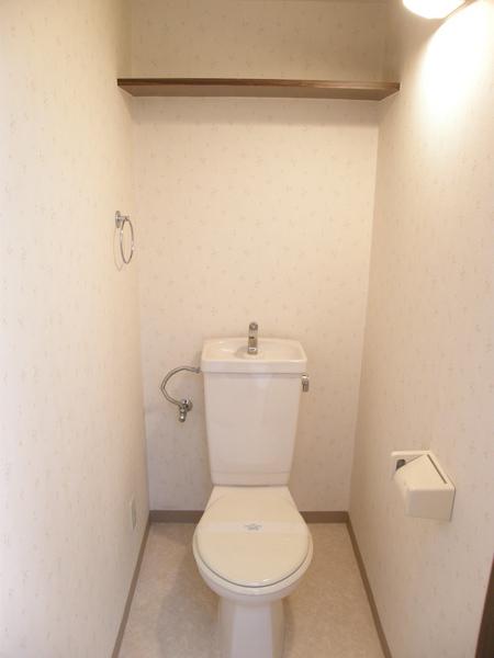 Toilet. Toilet is equipped with shelf