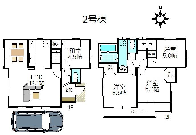 Floor plan. (Building 2), Price 58,800,000 yen, 4LDK, Land area 91.49 sq m , Building area 89.42 sq m