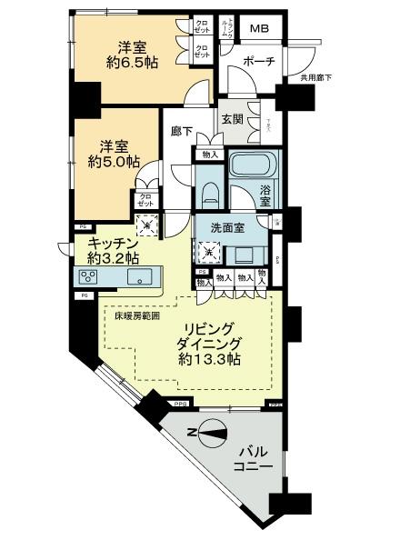 Floor plan. 2LDK, Price 39,800,000 yen, Occupied area 65.66 sq m , Balcony area 7.81 sq m