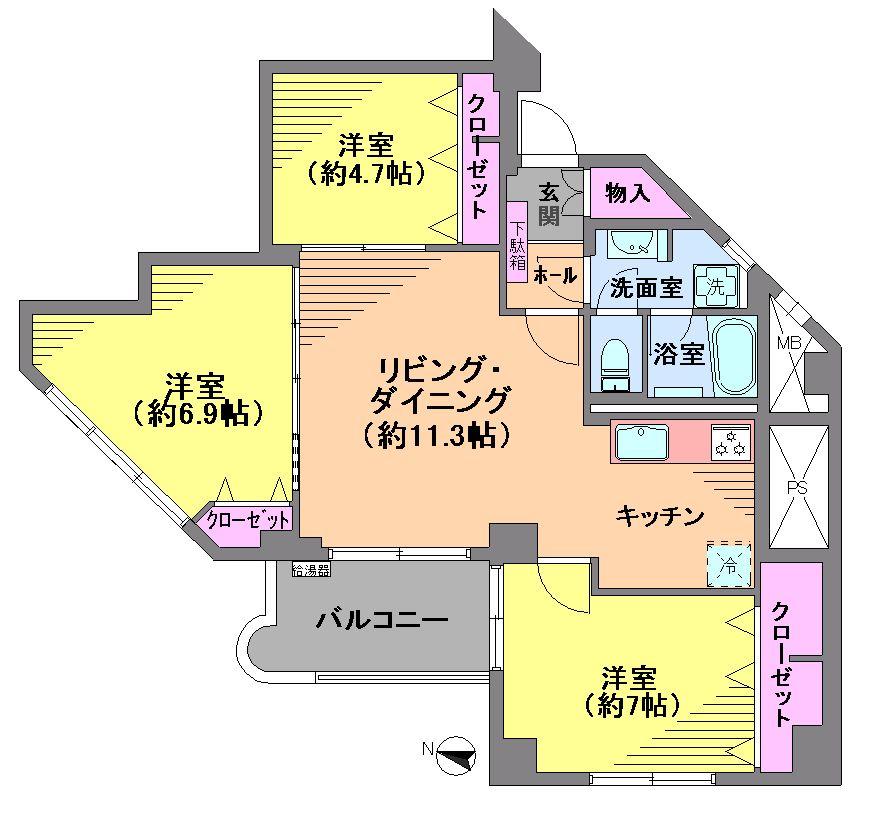 Floor plan. 3LDK, Price 29,800,000 yen, Occupied area 77.84 sq m , Balcony area 6.25 sq m