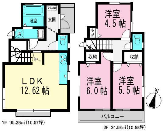 Floor plan. 34,800,000 yen, 3LDK, Land area 88.26 sq m , Building area 70.26 sq m