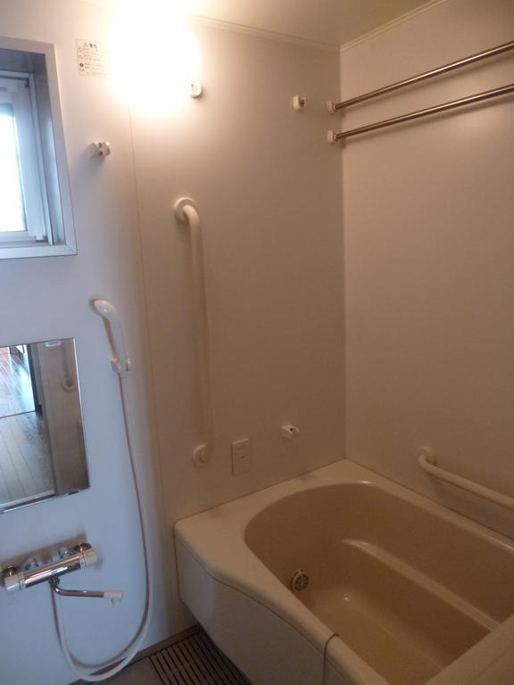 Bath. Bathroom ventilation dryer, window, mirror, With handrail.
