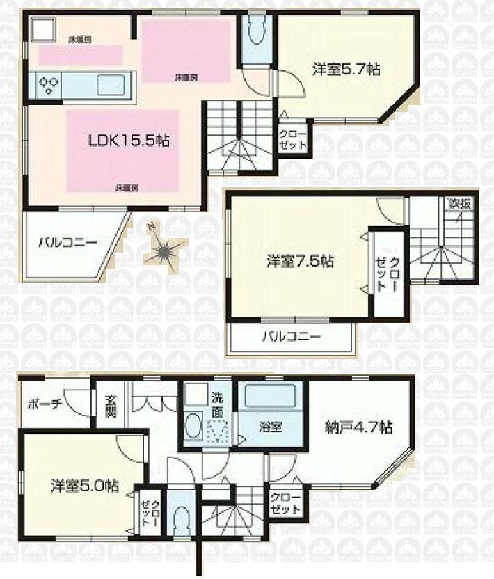 Floor plan. 41,800,000 yen, 3LDK + S (storeroom), Land area 76.1 sq m , Building area 98.82 sq m Zenshitsuminami direction
