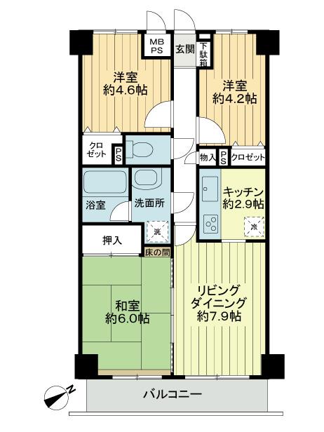 Floor plan. 3LDK, Price 18.5 million yen, Occupied area 58.87 sq m , Balcony area 7.01 sq m floor plan